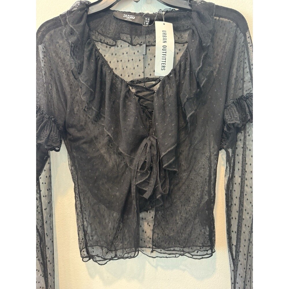Jaded London Sheer Mesh Tie Grunge Dark Coquette Fairy Whimsigoth Ruffle Top - Picture 9 of 13